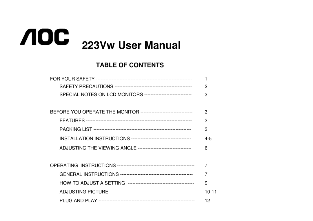 AOC 223Vw user manual Table of Contents 