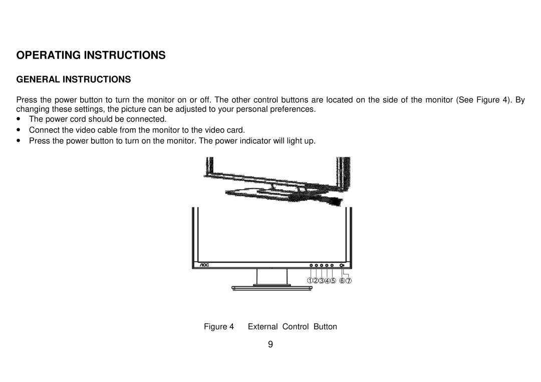 AOC 223Vw user manual Operating Instructions, General Instructions 