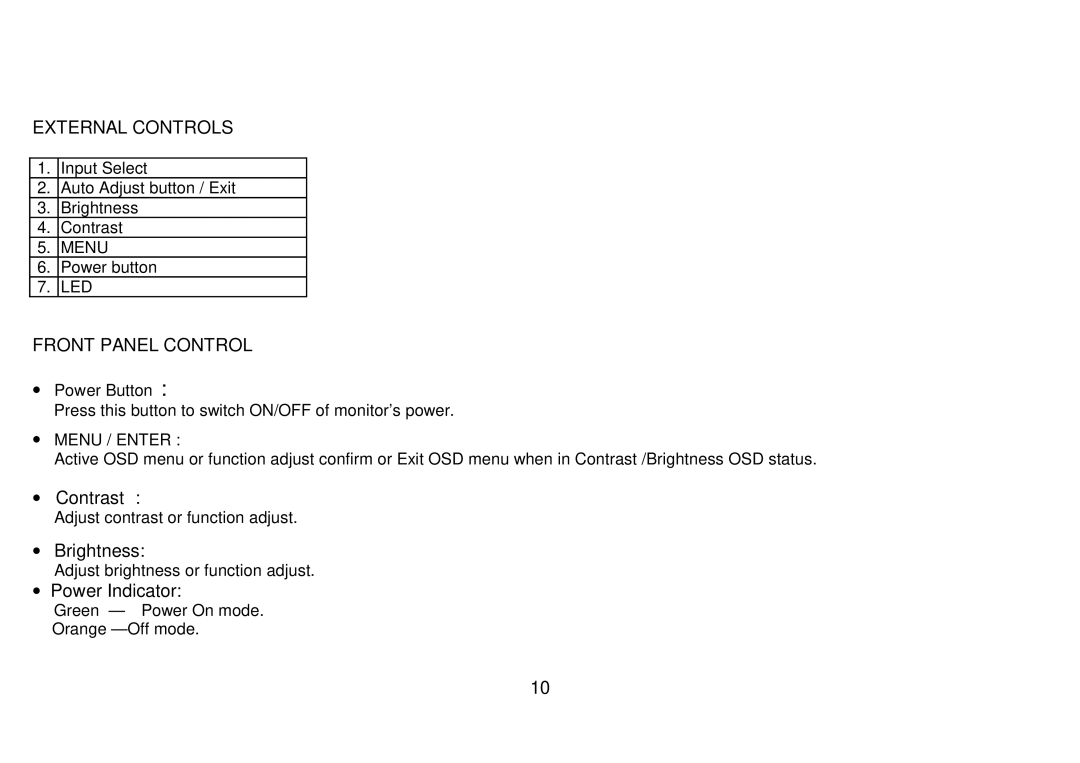 AOC 223Vw user manual External Controls, Front Panel Control, ∙ Contrast, ∙ Brightness, ∙ Power Indicator 