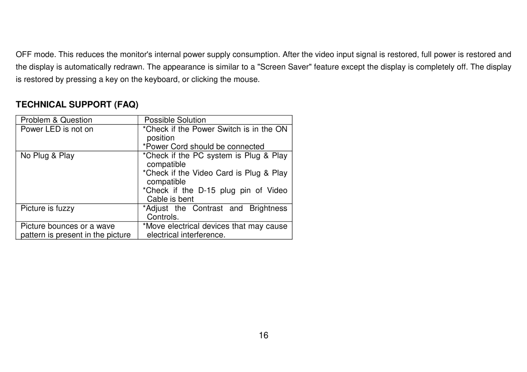 AOC 223Vw user manual Technical Support FAQ 