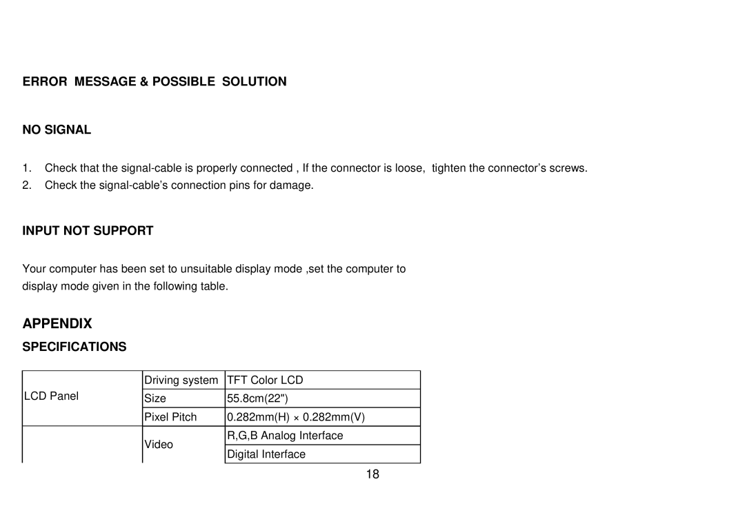 AOC 223Vw user manual Error Message & Possible Solution No Signal, Input not Support, Specifications 