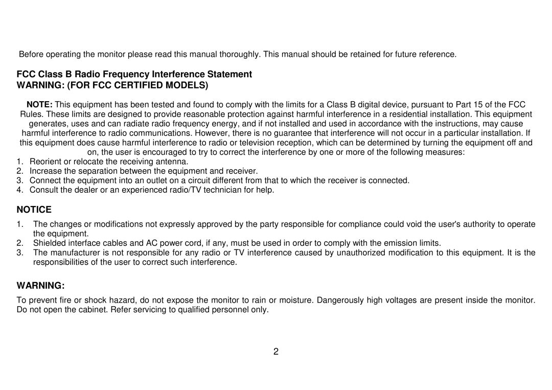 AOC 223Vw user manual FCC Class B Radio Frequency Interference Statement 