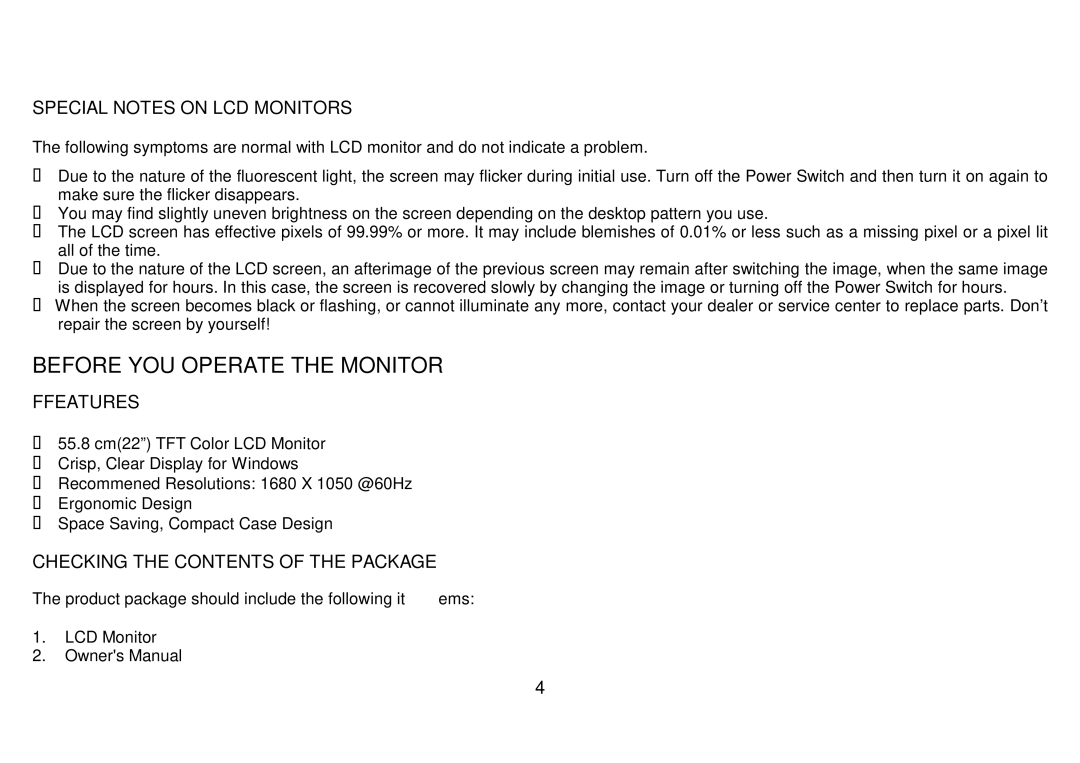 AOC 223Vw user manual Special Notes on LCD Monitors, Ffeatures, Checking the Contents of the Package 