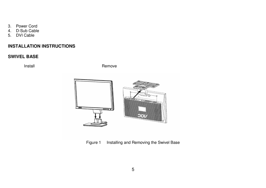 AOC 223Vw user manual Installation Instructions Swivel Base, Installing and Removing the Swivel Base 