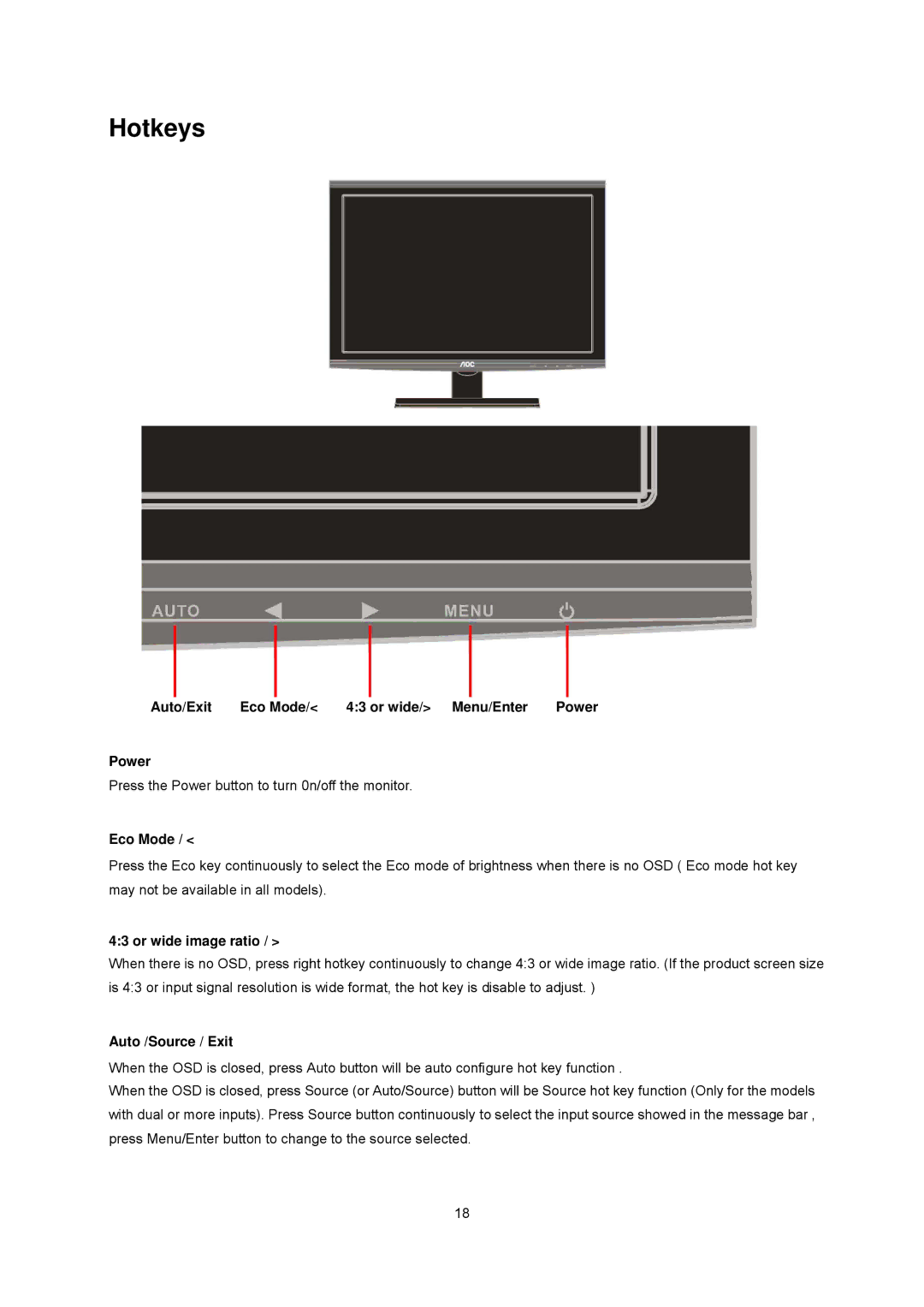 AOC 2341VG manual Hotkeys, Auto/Exit Eco Mode Or wide/ Menu/Enter, Power, Or wide image ratio, Auto /Source / Exit 