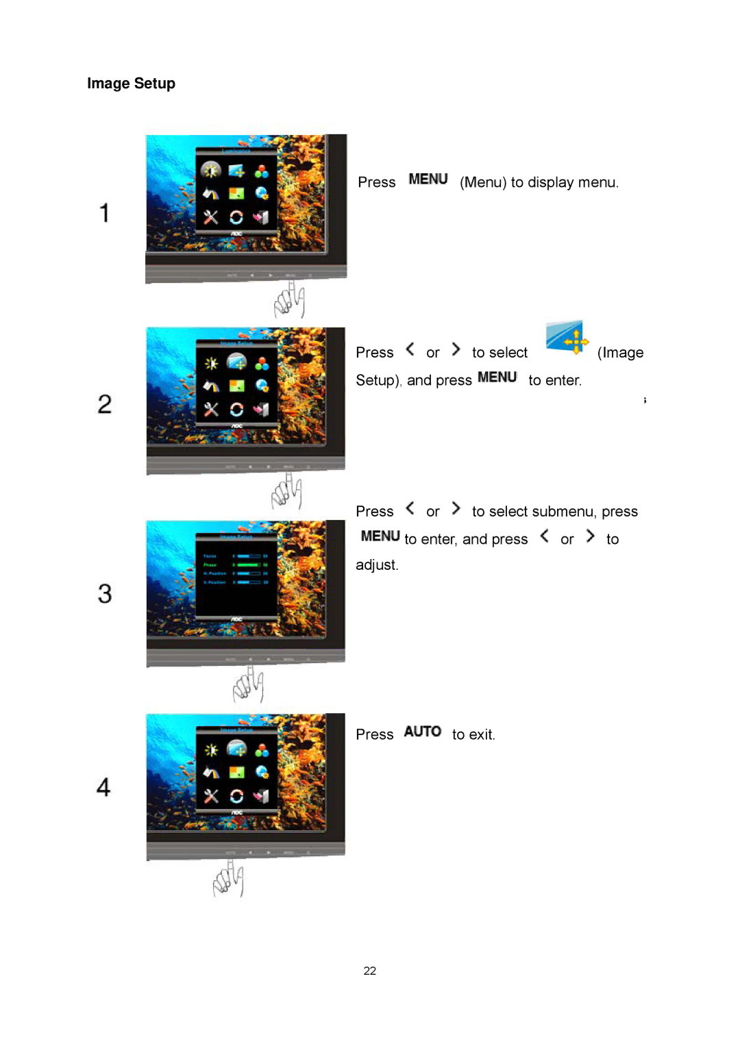 AOC 2341VG manual Image Setup, Press +/- select, Menu to enter 