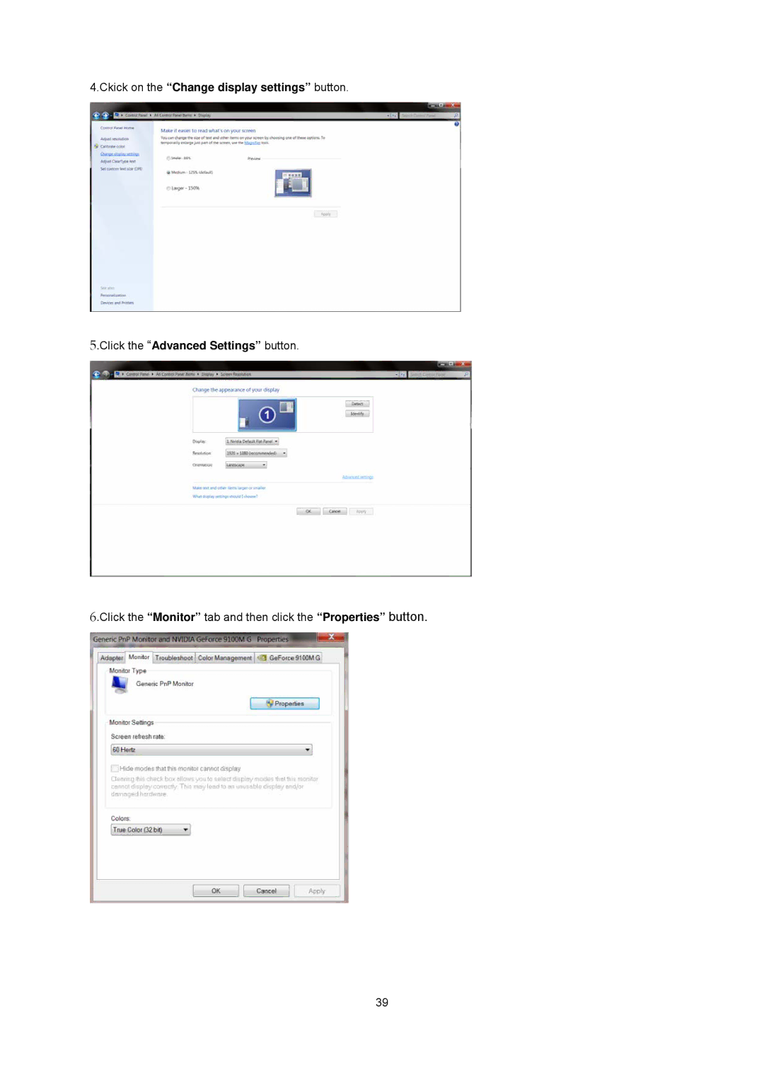 AOC 2341VG manual Click the Monitor tab and then click the Properties button 