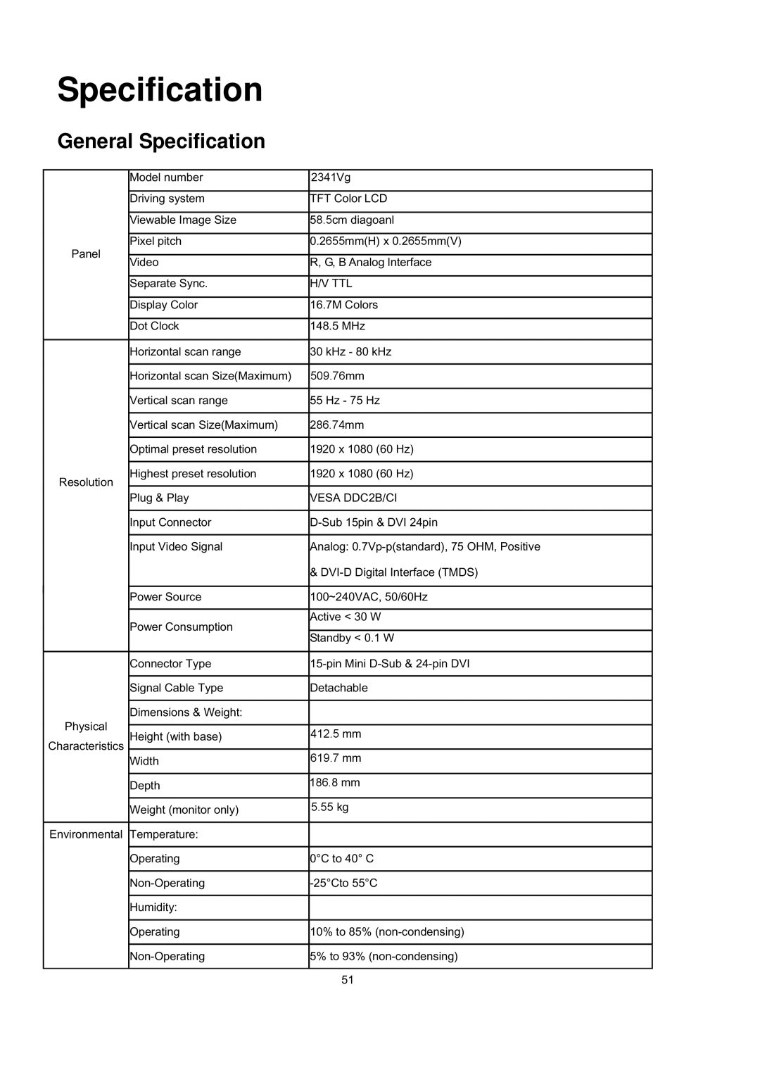 AOC 2341VG manual General Specification 