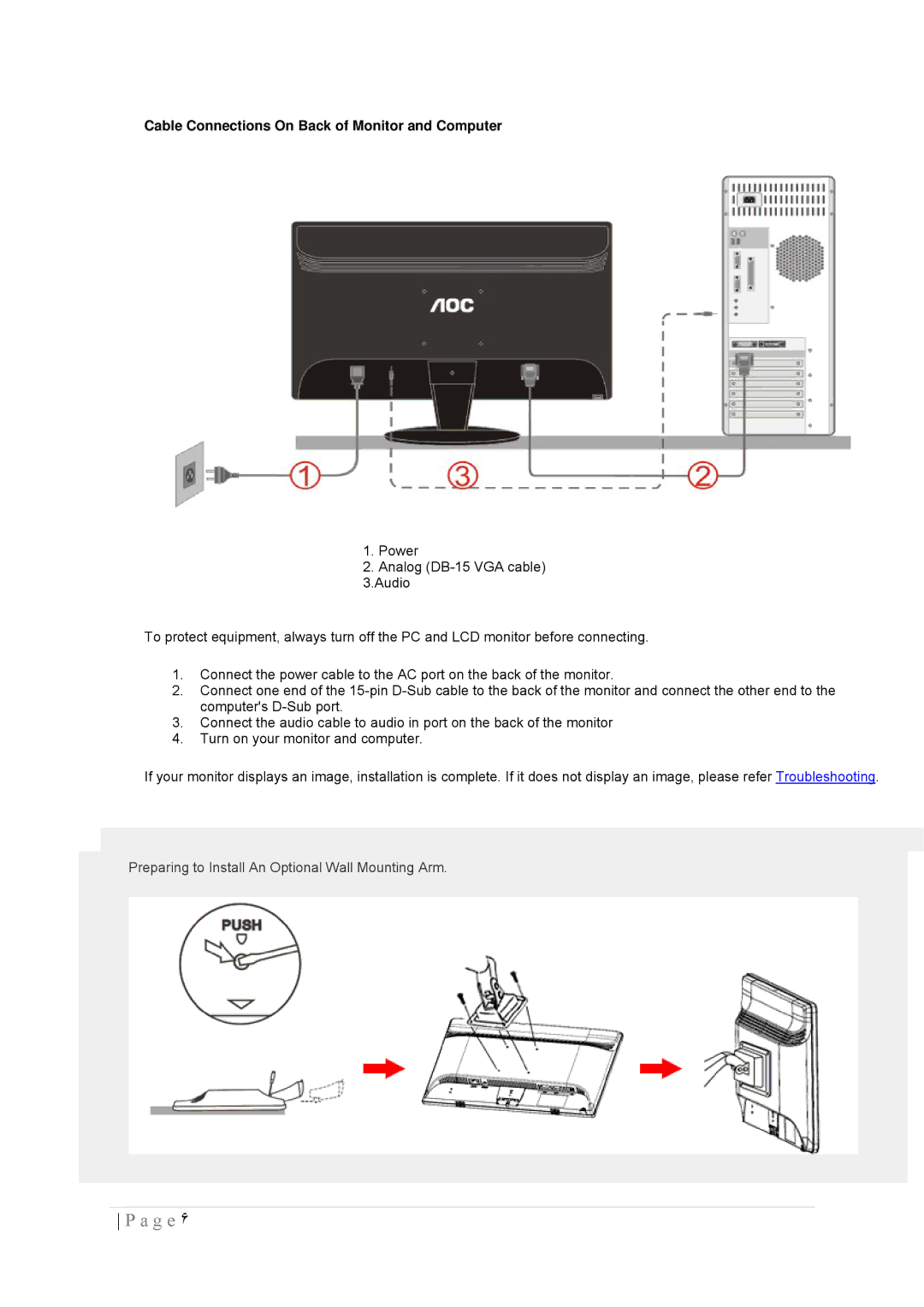 AOC 2436SWA manual Cable Connections On Back of Monitor and Computer 