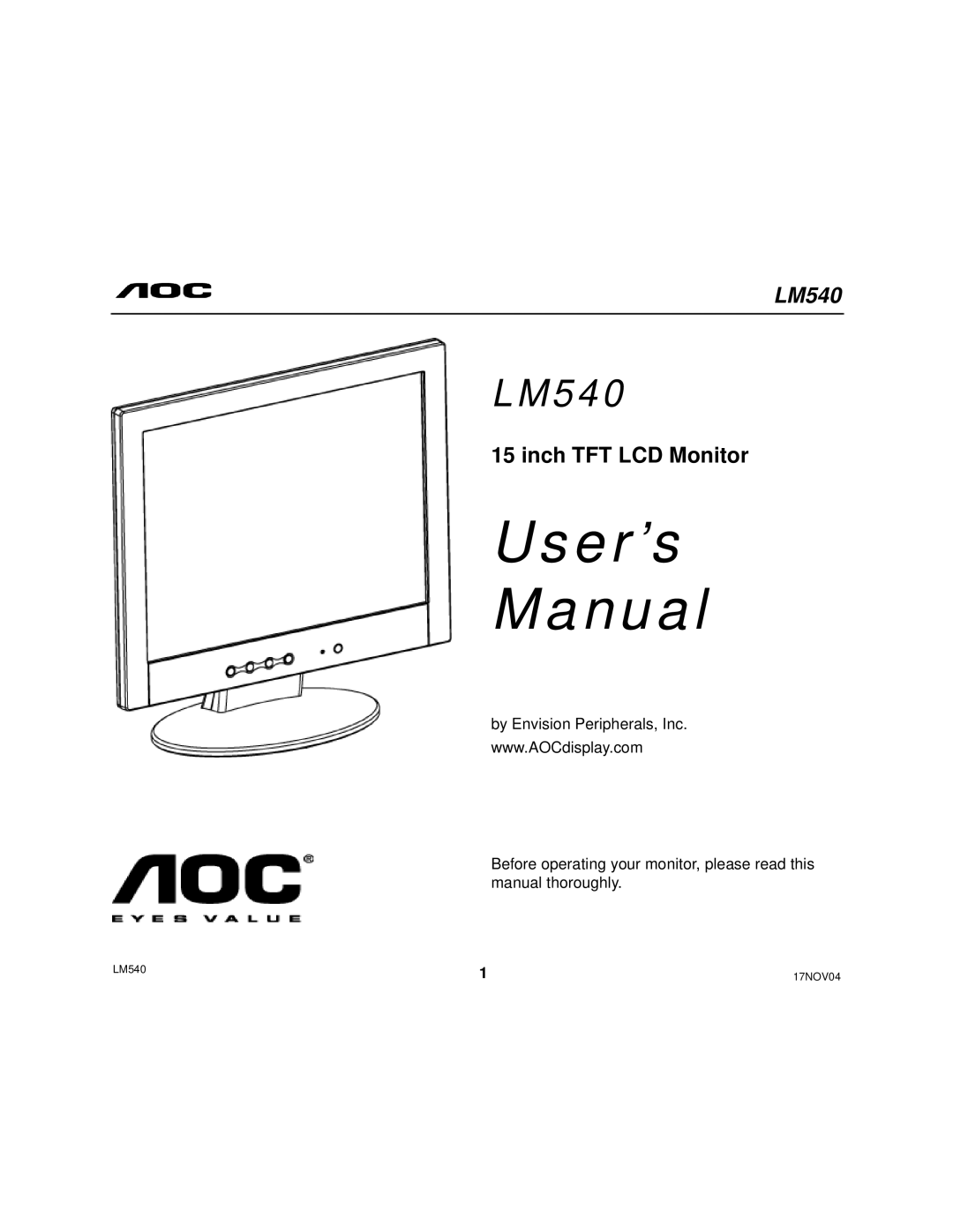 AOC 540 user manual User’s Manual, Inch TFT LCD Monitor 