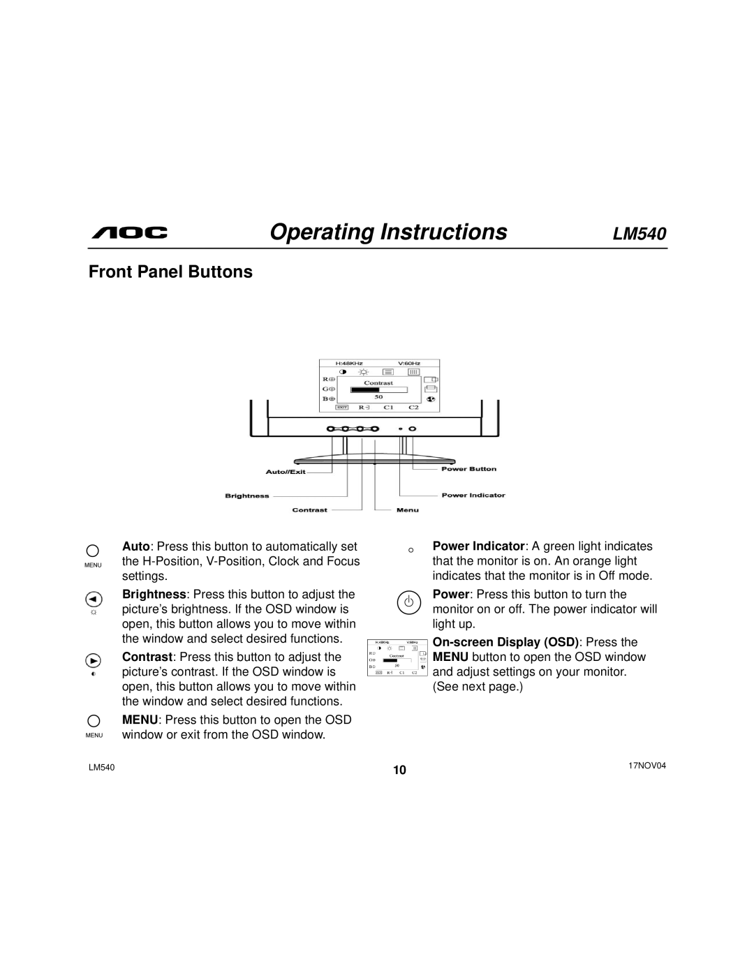 AOC 540 user manual Operating Instructions, Front Panel Buttons 