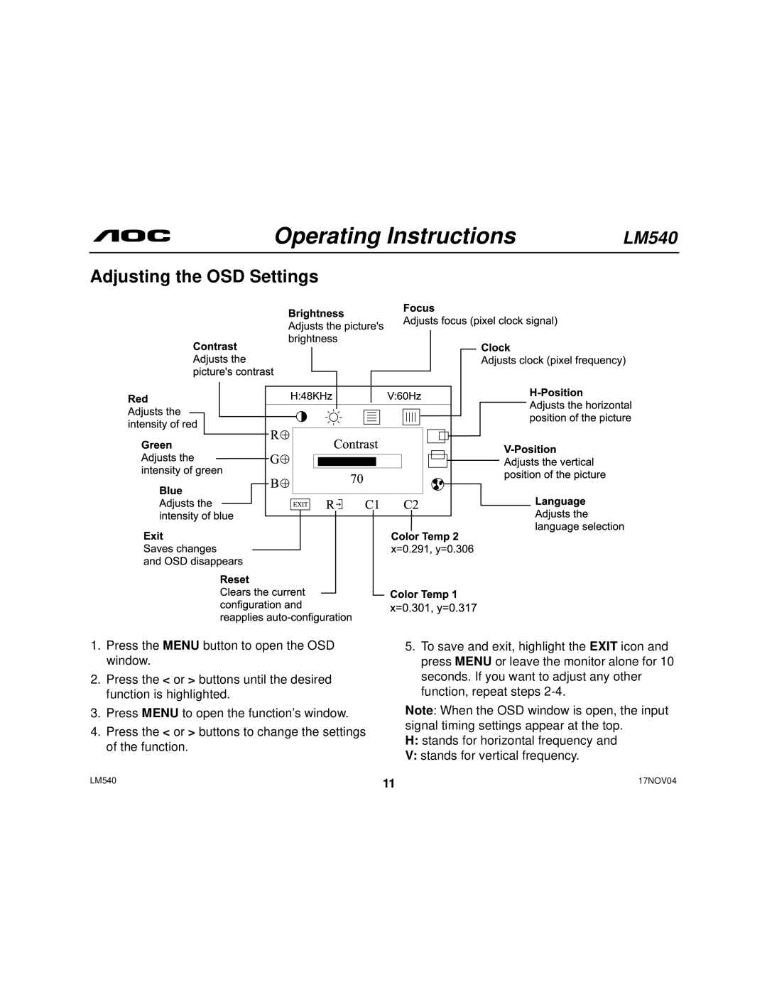 AOC 540 user manual Adjusting the OSD Settings 