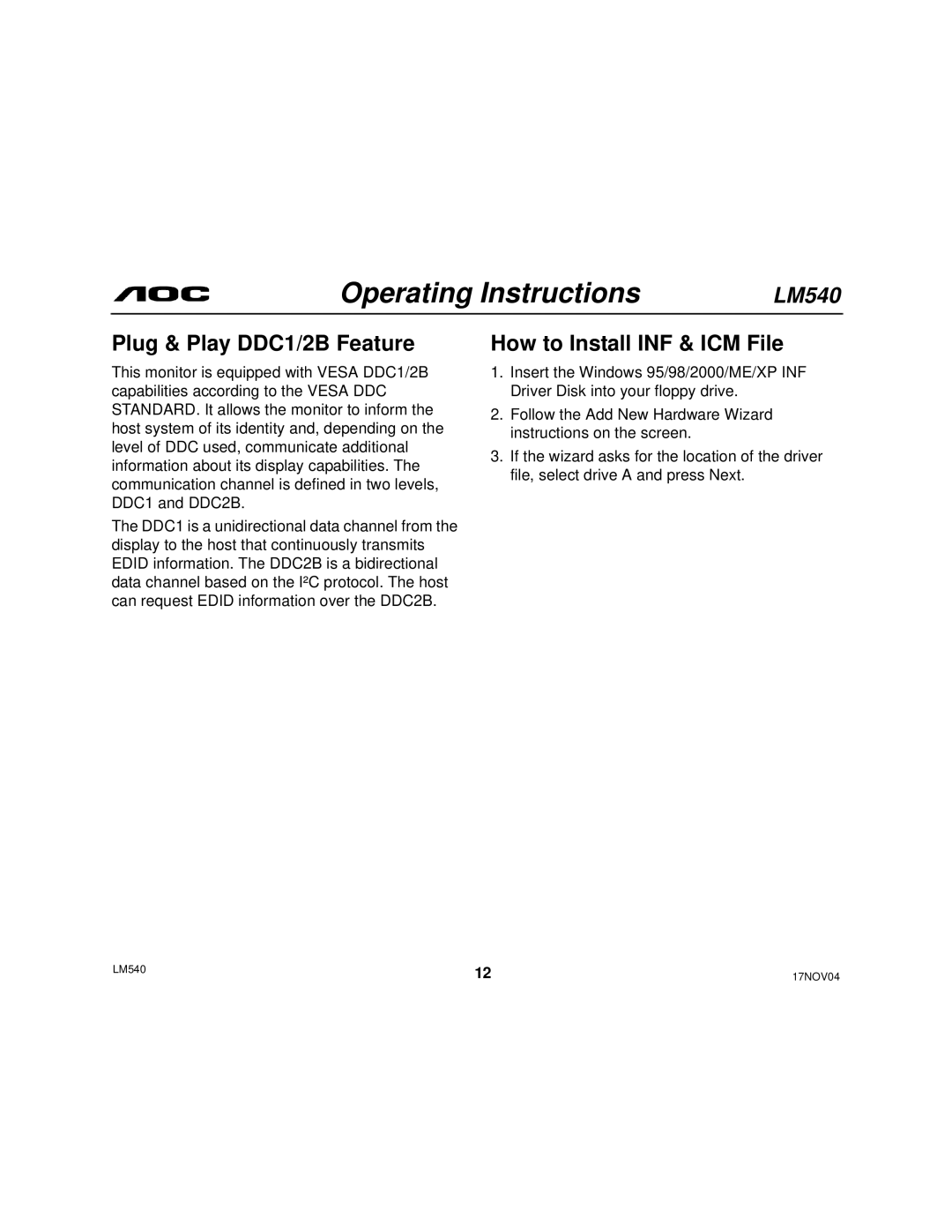 AOC 540 user manual Plug & Play DDC1/2B Feature, How to Install INF & ICM File 