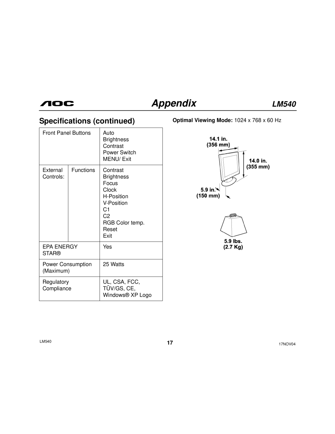 AOC 540 user manual Appendix, Optimal Viewing Mode 1024 x 768 x 60 Hz 