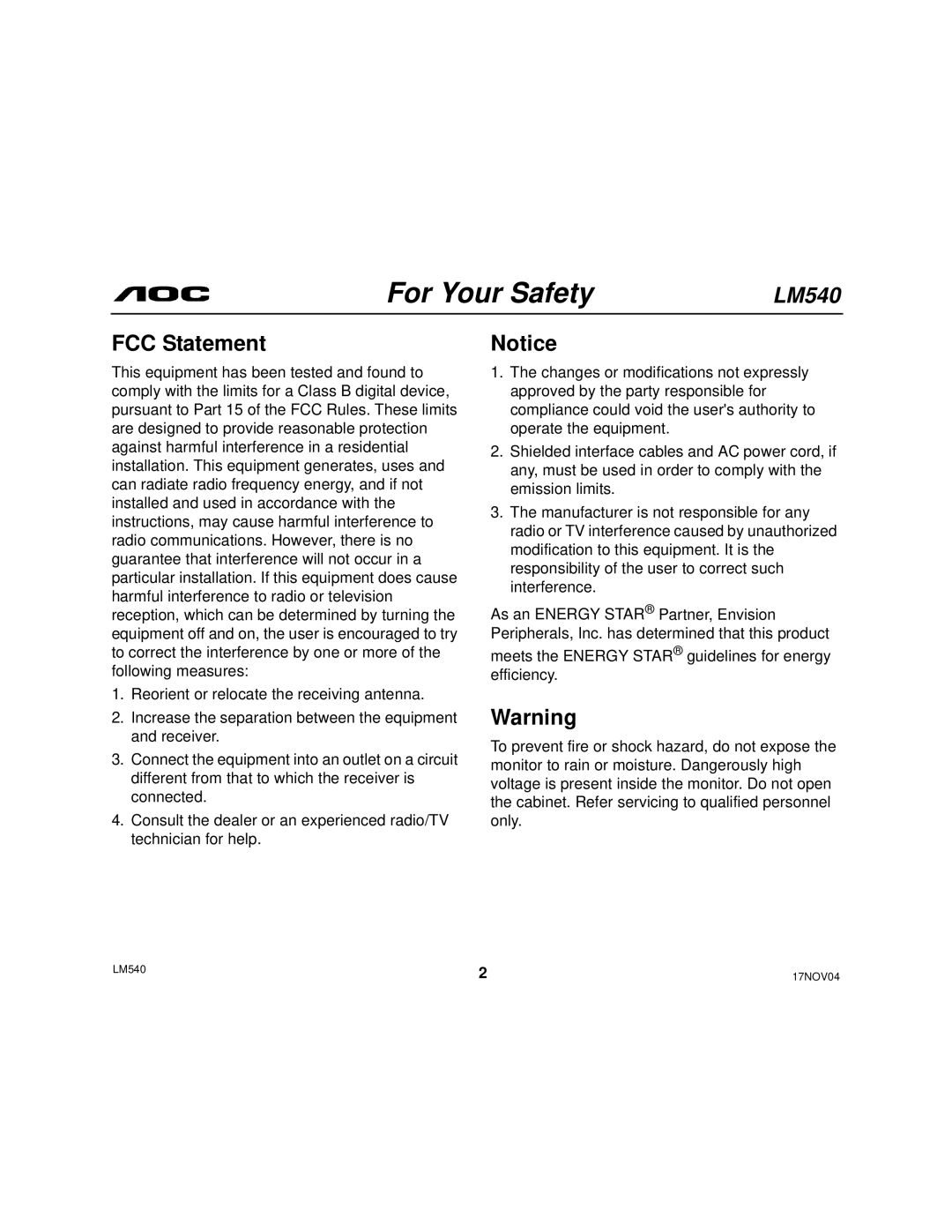 AOC 540 user manual For Your Safety, FCC Statement 