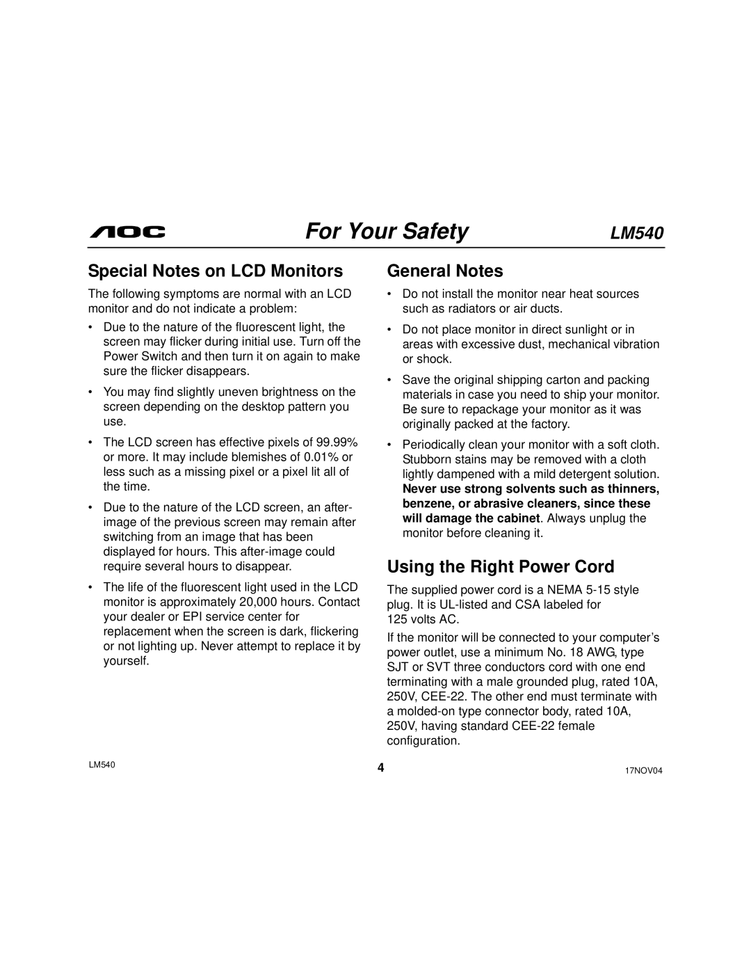 AOC 540 user manual Special Notes on LCD Monitors, General Notes, Using the Right Power Cord 