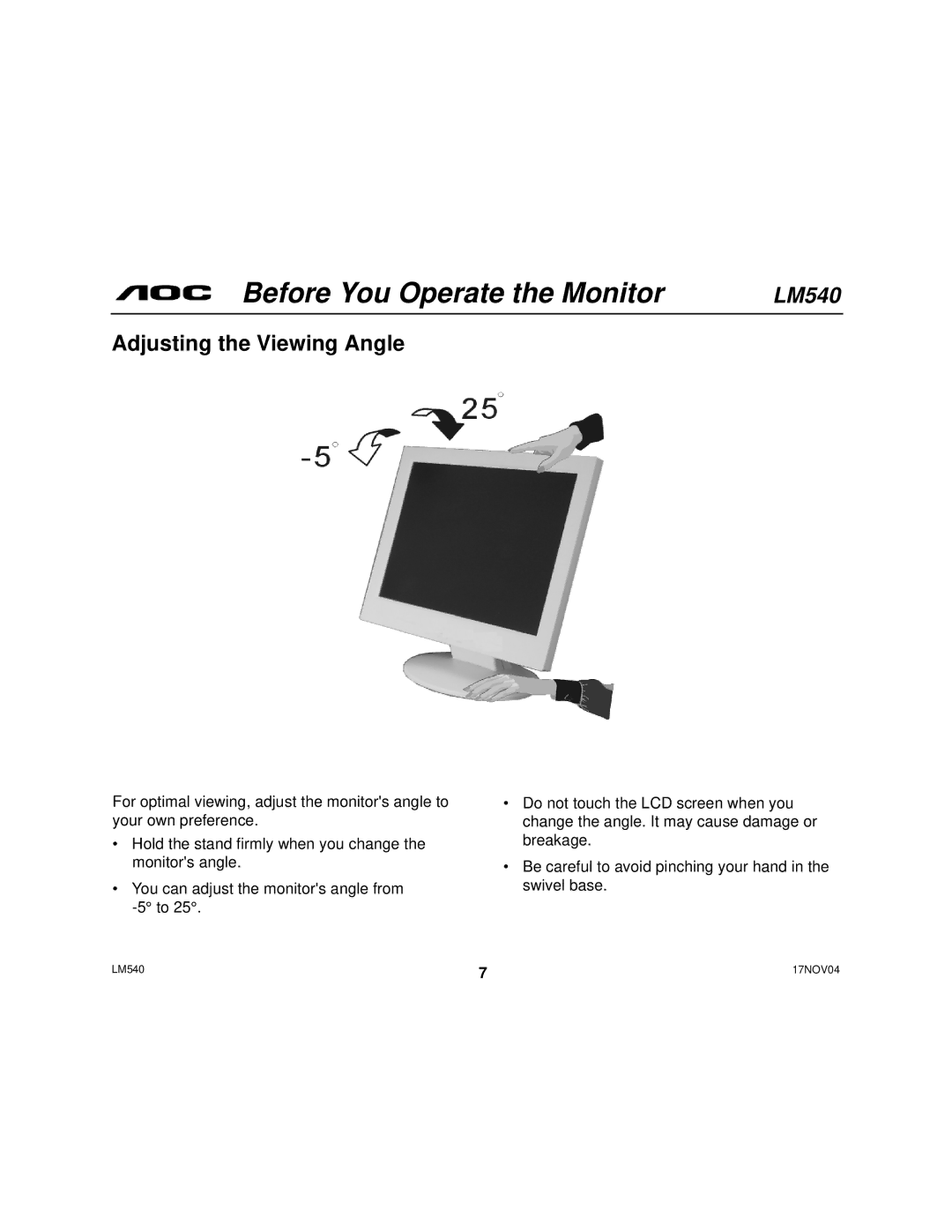 AOC 540 user manual Adjusting the Viewing Angle 