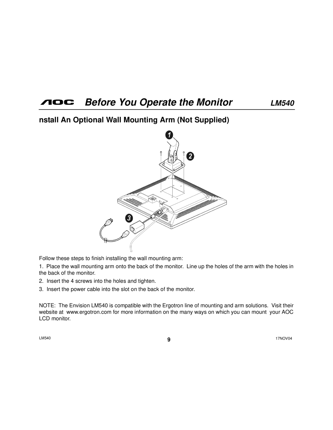 AOC 540 user manual Nstall An Optional Wall Mounting Arm Not Supplied 