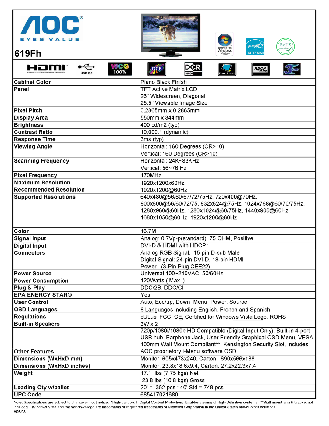 AOC 619Fh dimensions DDC/2B, DDC/CI 