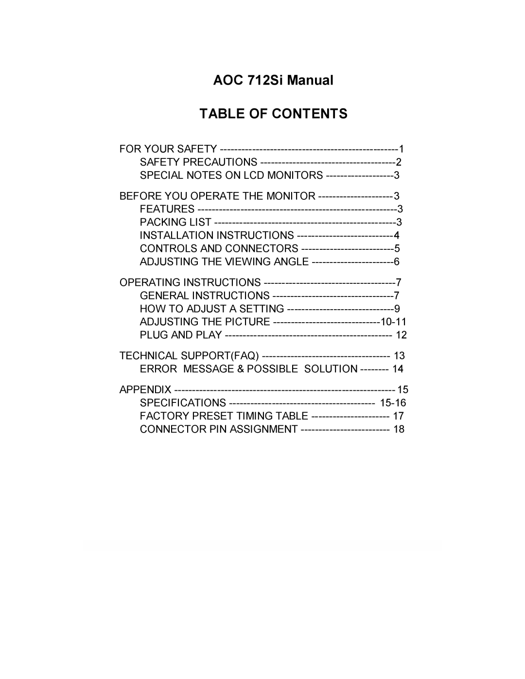 AOC 712SI installation instructions Table of Contents 