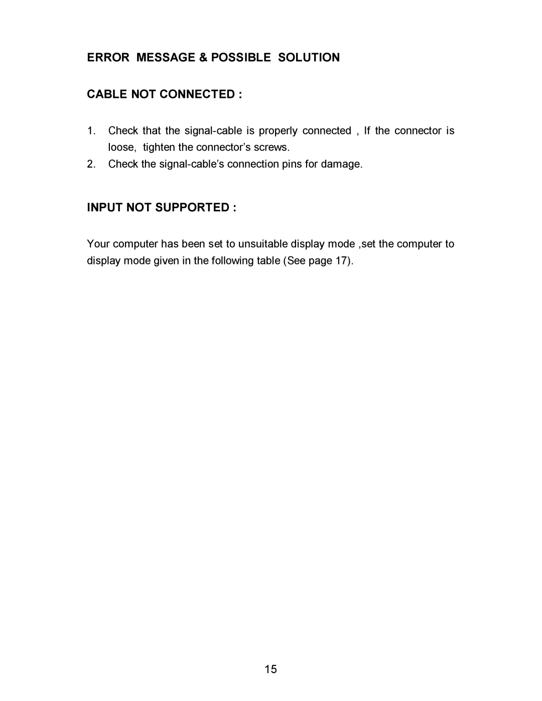 AOC 712SI installation instructions Error Message & Possible Solution Cable not Connected, Input not Supported 