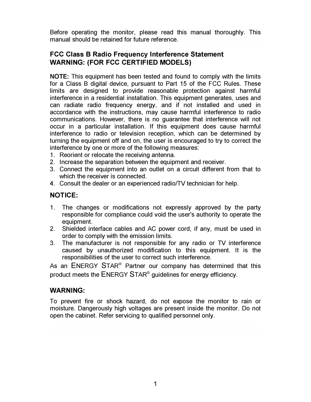 AOC 712SI installation instructions FCC Class B Radio Frequency Interference Statement 