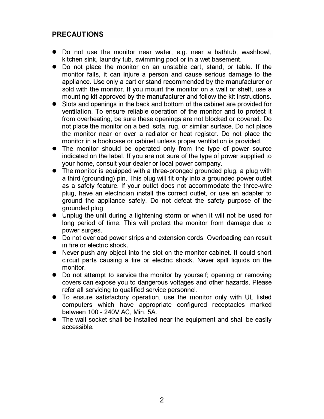 AOC 712SI installation instructions Precautions 