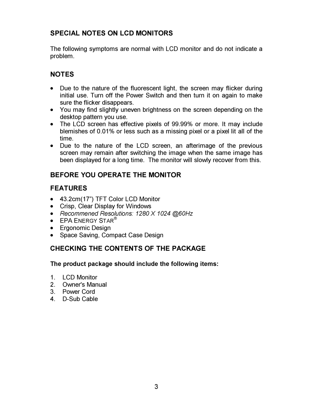 AOC 712SI Special Notes on LCD Monitors, Before YOU Operate the Monitor Features, Checking the Contents of the Package 