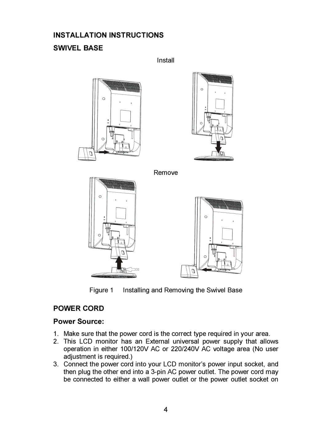 AOC 712SI installation instructions Installation Instructions Swivel Base, Power Cord, Power Source 