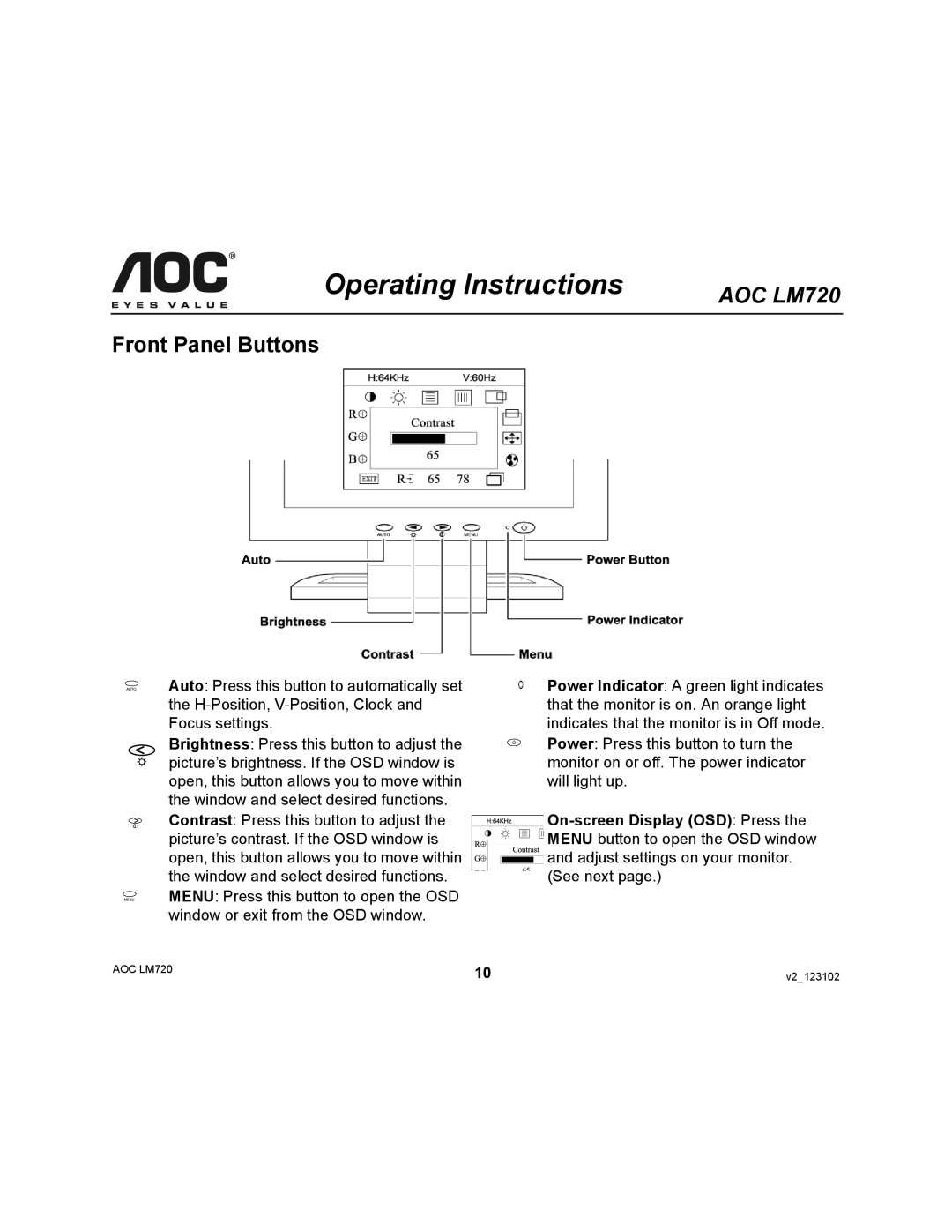 AOC 720 user manual Operating Instructions, Front Panel Buttons 