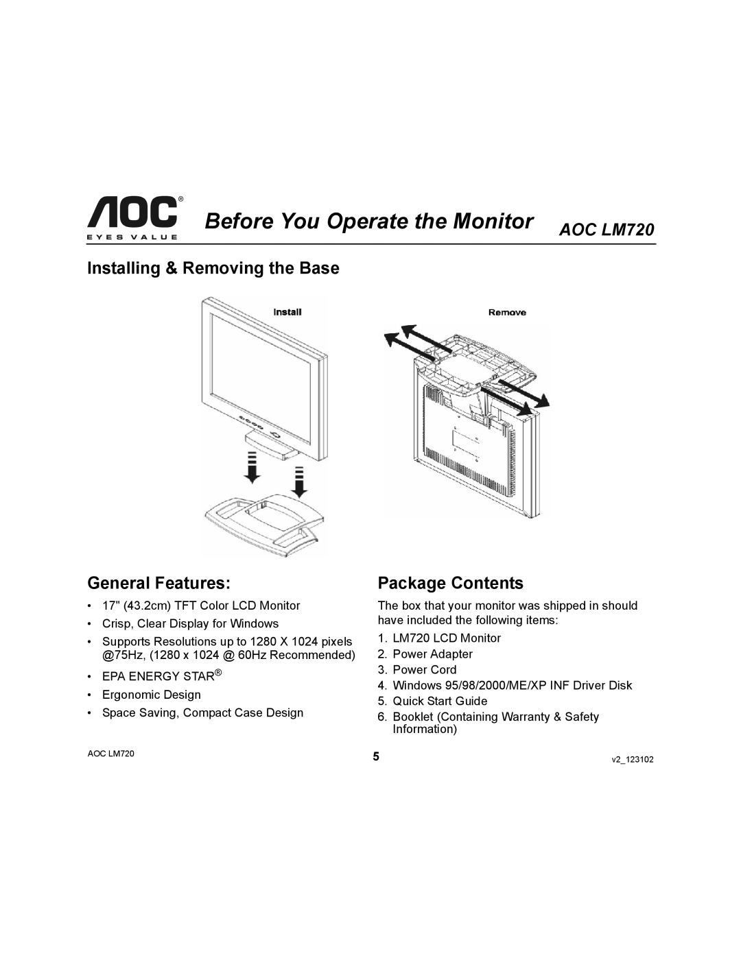 AOC Before You Operate the Monitor AOC LM720, Installing & Removing the Base General Features, Package Contents 