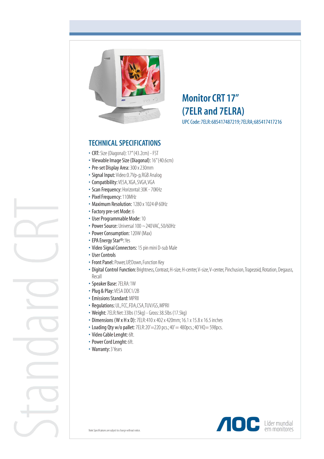 AOC 7ELRA technical specifications Standard CRT, Technical Specifications 