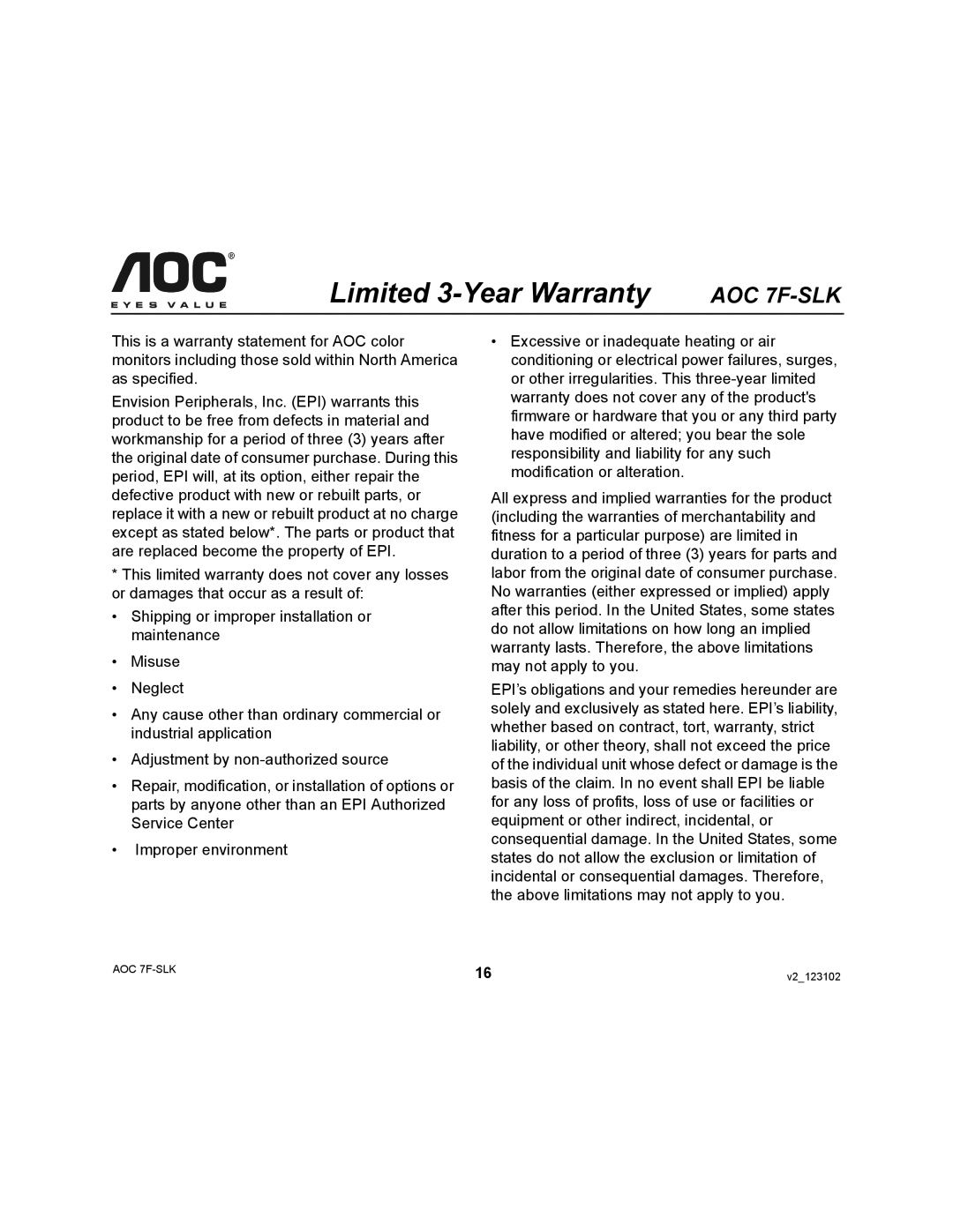 AOC 7F-SLK user manual Limited 3-Year Warranty 