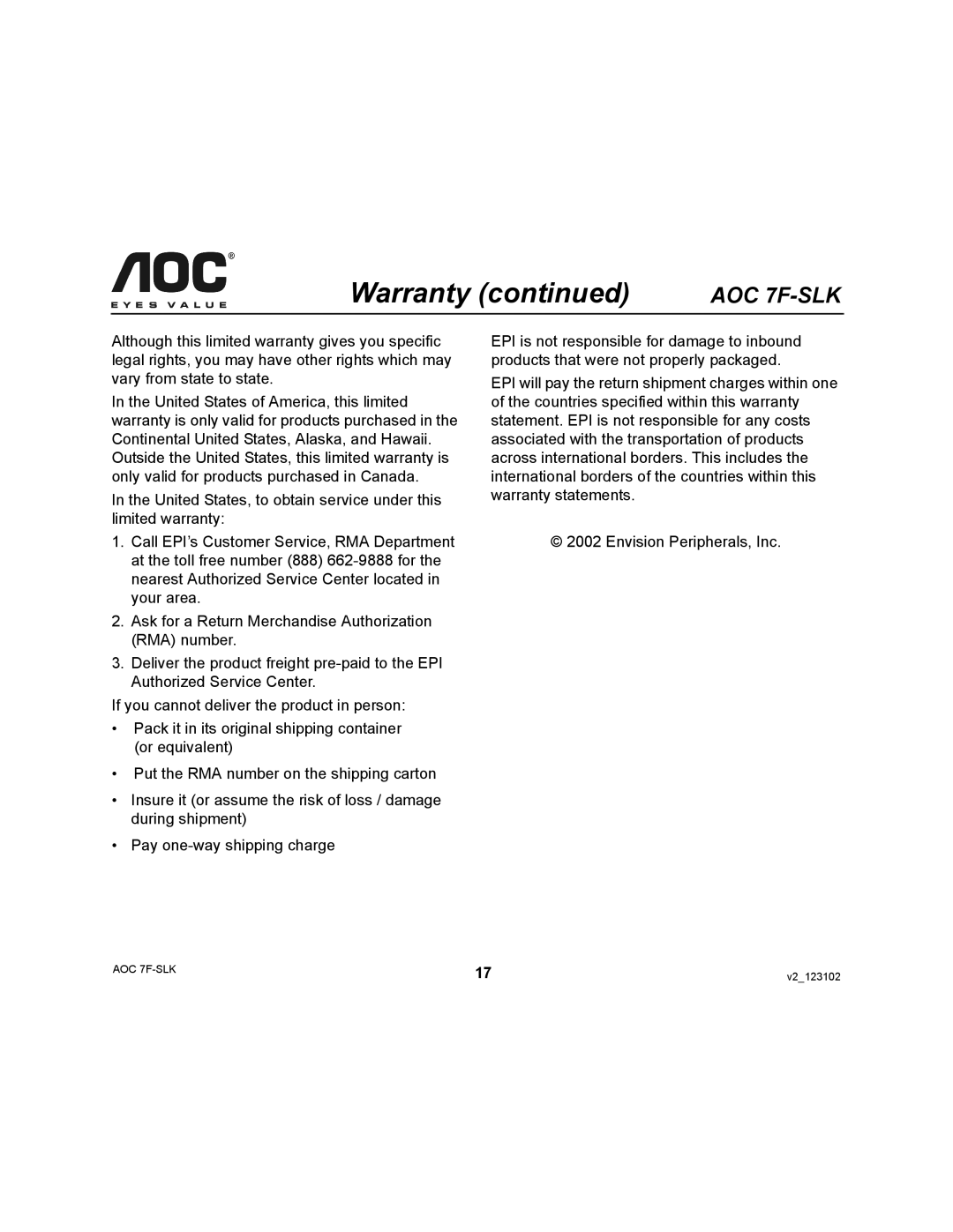 AOC 7F-SLK user manual Warranty 