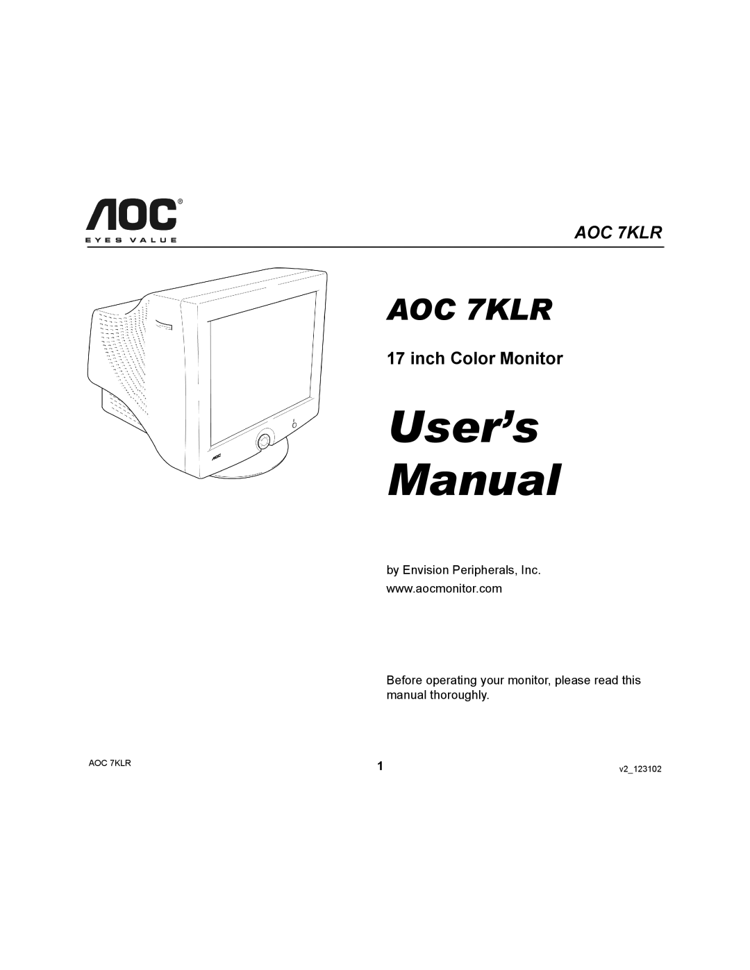 AOC 7KLR user manual User’s Manual, Inch Color Monitor 