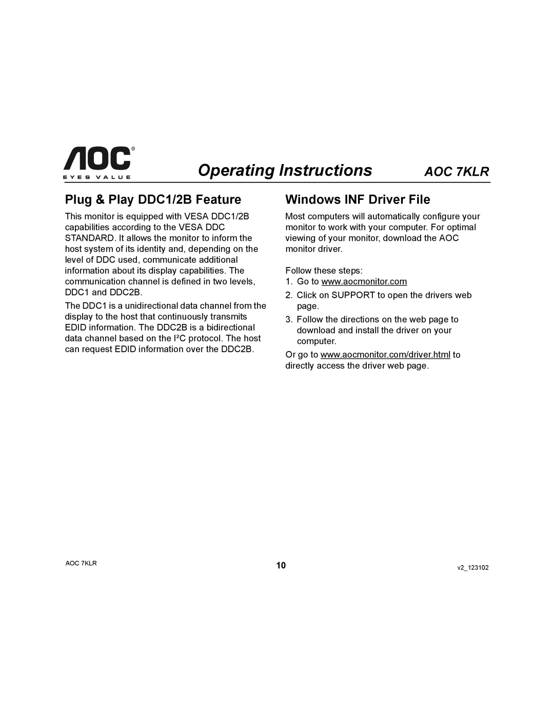 AOC 7KLR user manual Plug & Play DDC1/2B Feature, Windows INF Driver File 