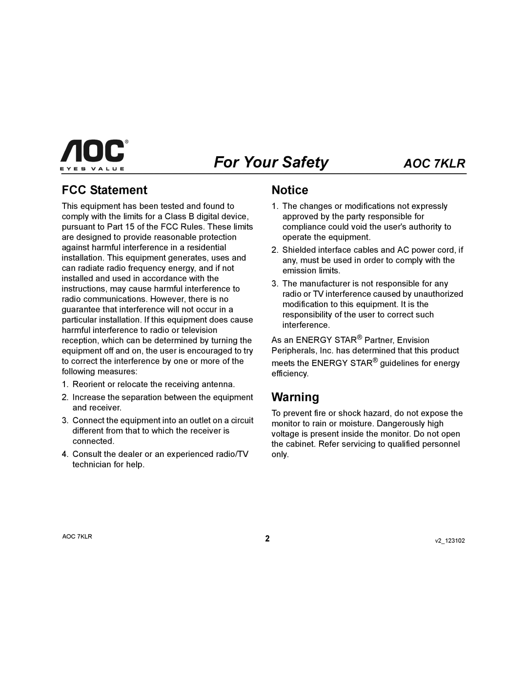 AOC 7KLR user manual For Your Safety, FCC Statement 