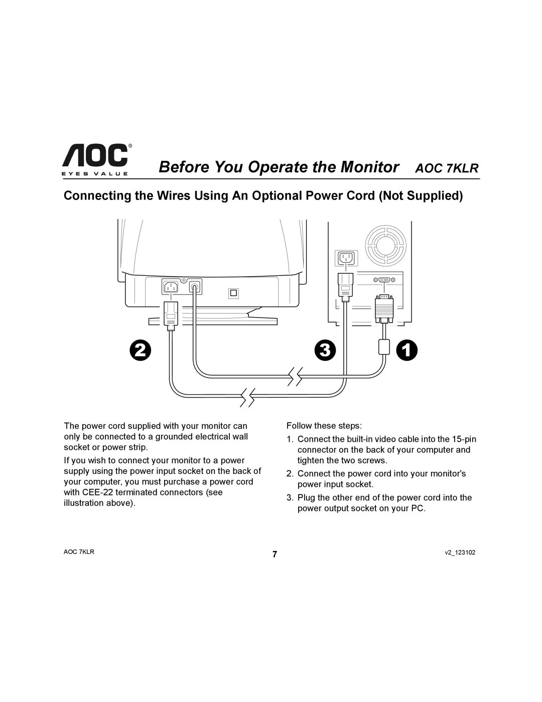 AOC user manual Before You Operate the Monitor AOC 7KLR 