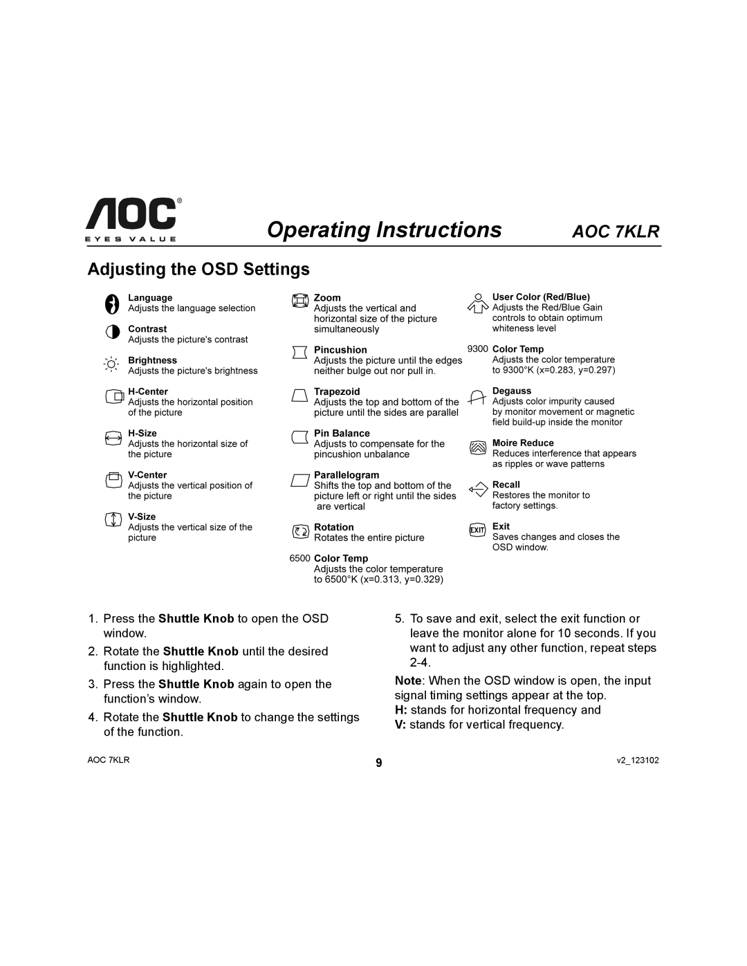 AOC 7KLR user manual Adjusting the OSD Settings 