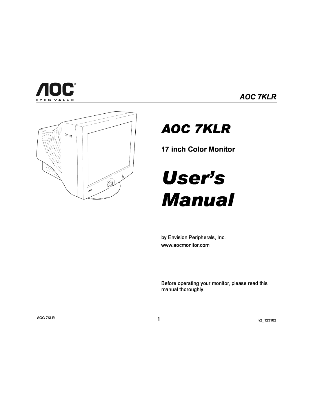 AOC user manual inch Color Monitor, User’s Manual, AOC 7KLR, v2123102 