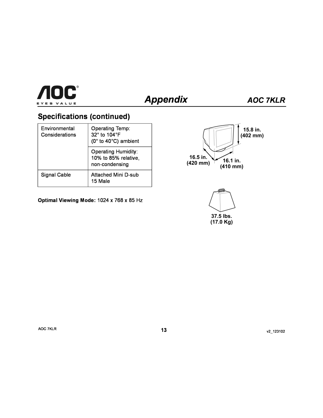 AOC user manual Specifications continued, Optimal Viewing Mode 1024 x 768 x 85 Hz, Appendix, AOC 7KLR 