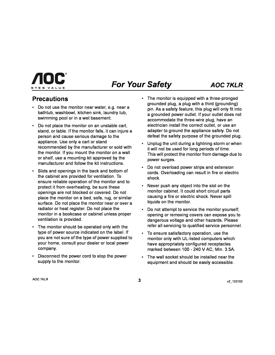 AOC user manual Precautions, For Your Safety, AOC 7KLR 