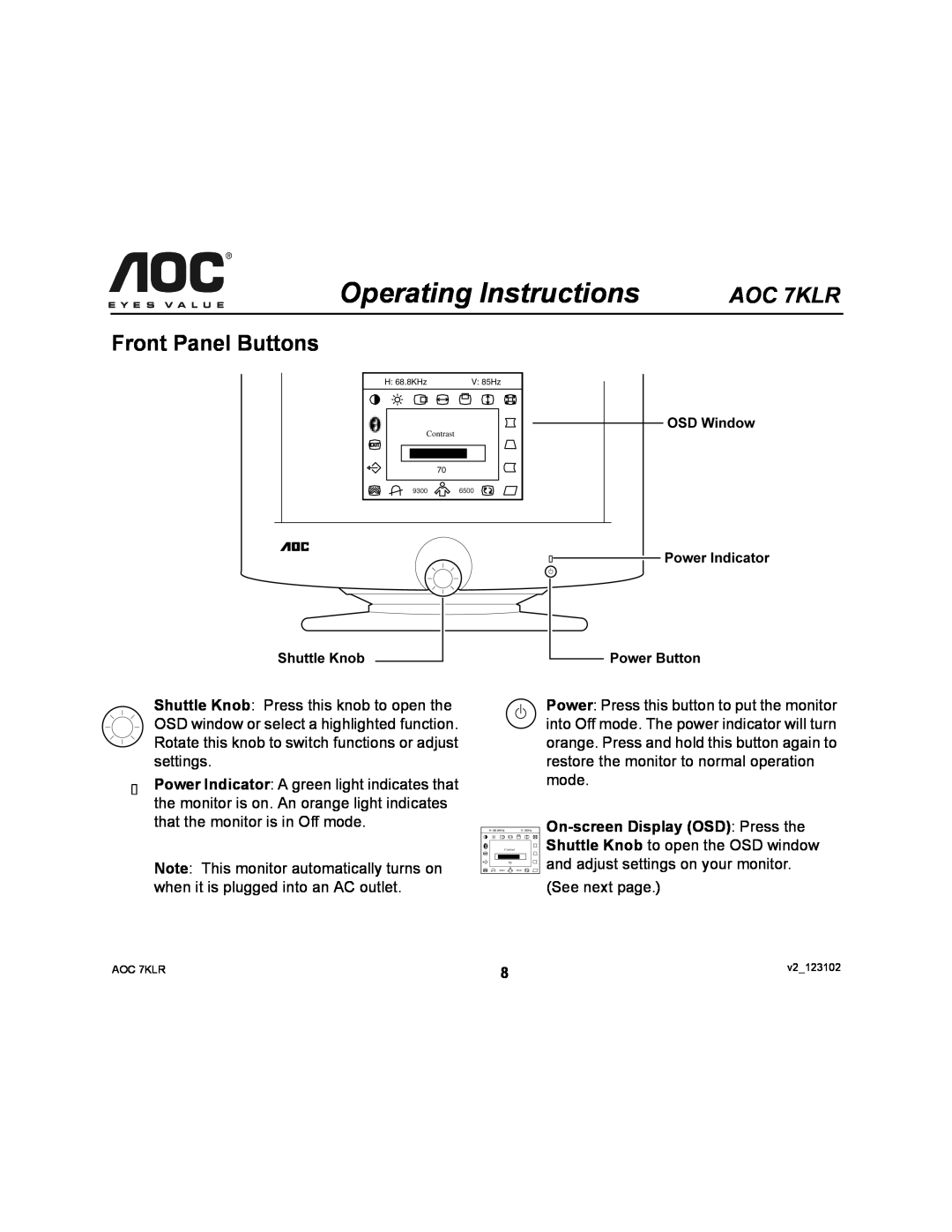 AOC user manual Operating Instructions, Front Panel Buttons, AOC 7KLR 