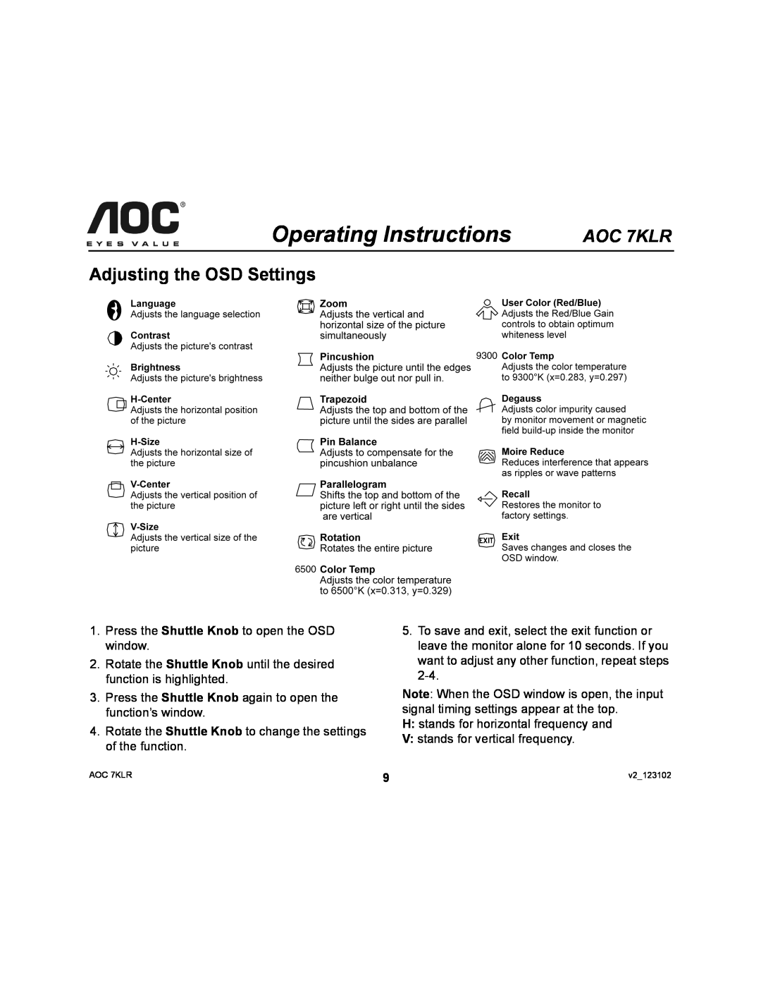 AOC user manual Adjusting the OSD Settings, Operating Instructions, AOC 7KLR 