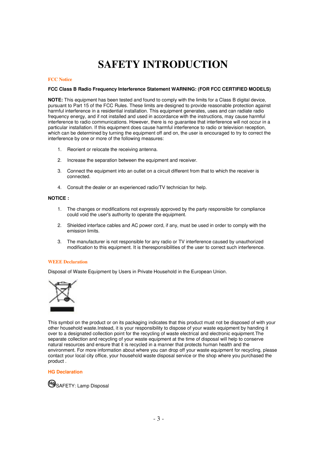 AOC 831S manual Safety Introduction, HG Declaration 