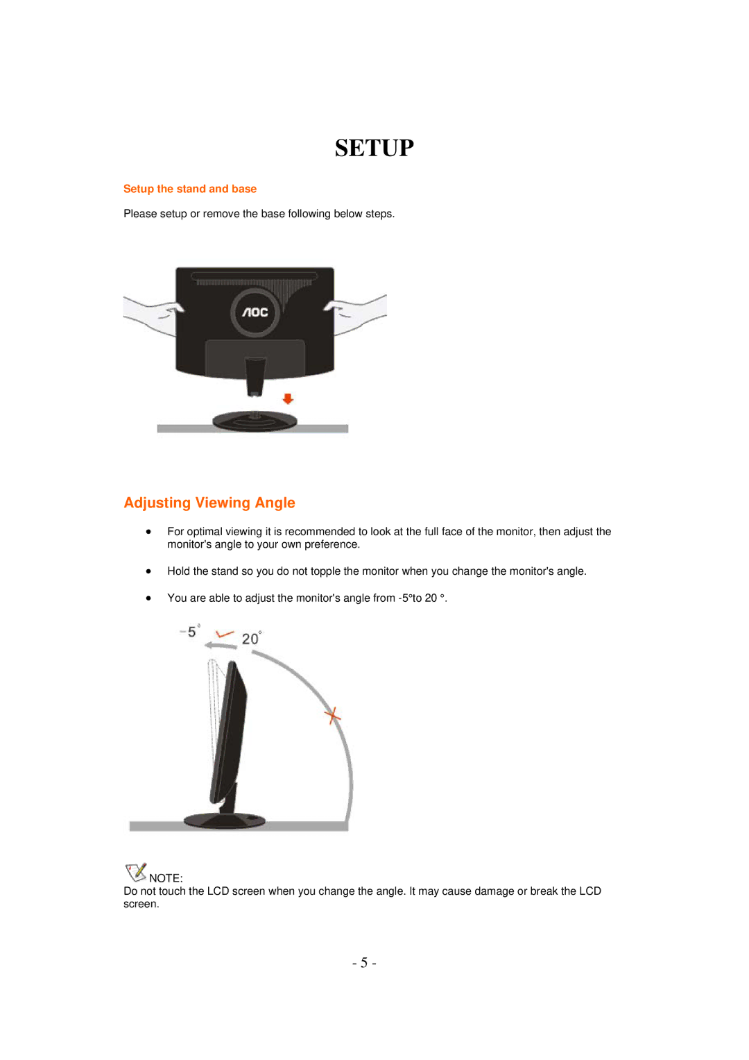 AOC 831S manual Adjusting Viewing Angle, Setup the stand and base 