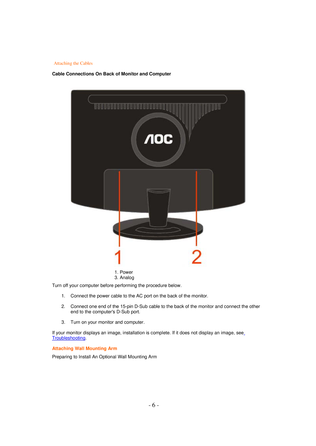 AOC 831S manual Cable Connections On Back of Monitor and Computer, Attaching Wall Mounting Arm 