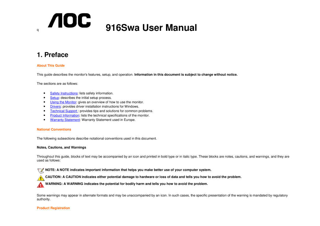 AOC 916SWA user manual Preface, About This Guide, National Conventions, Product Registration 