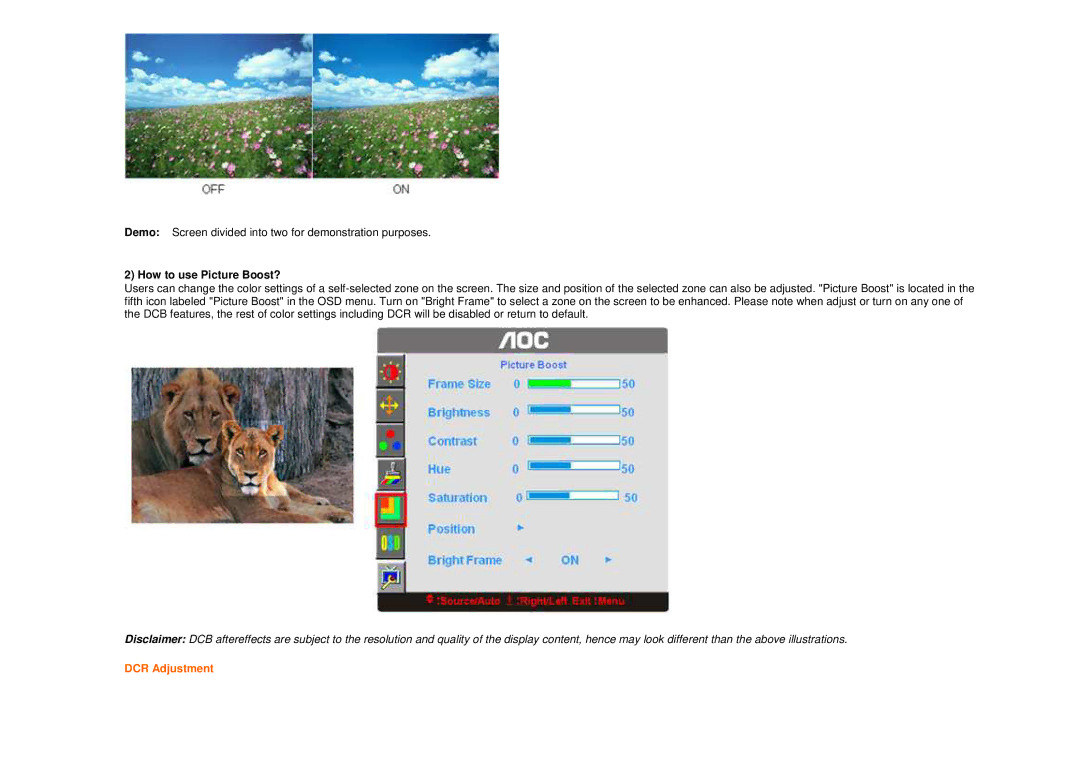 AOC 916SWA user manual How to use Picture Boost?, DCR Adjustment 