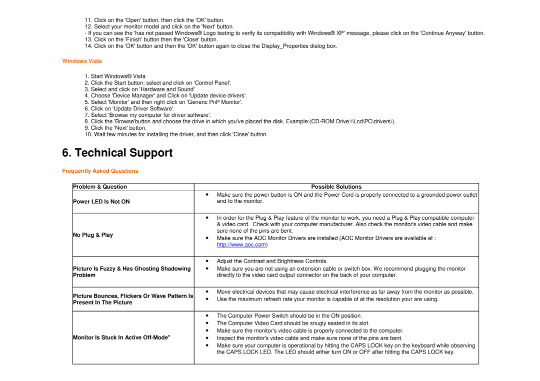 AOC 916SWA user manual Technical Support, Windows Vista, Frequently Asked Questions 